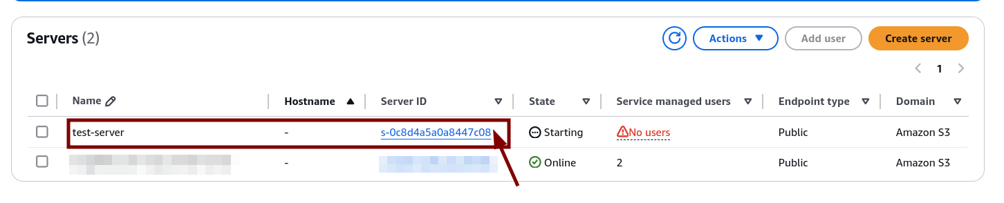 Transfer Family Server in AWS console