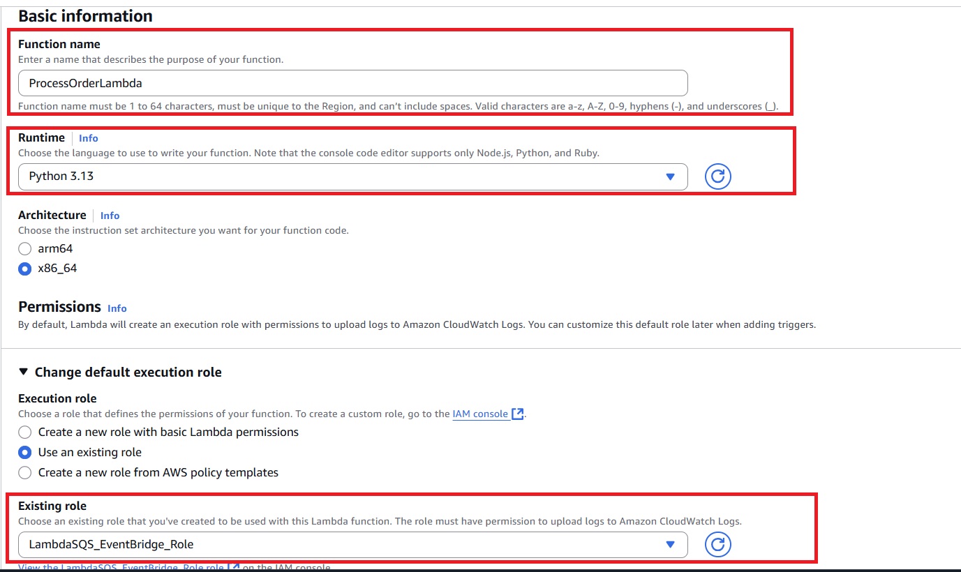 Creating a Lambda with an execution role for SQS, CloudWatch, and EventBridge permissions