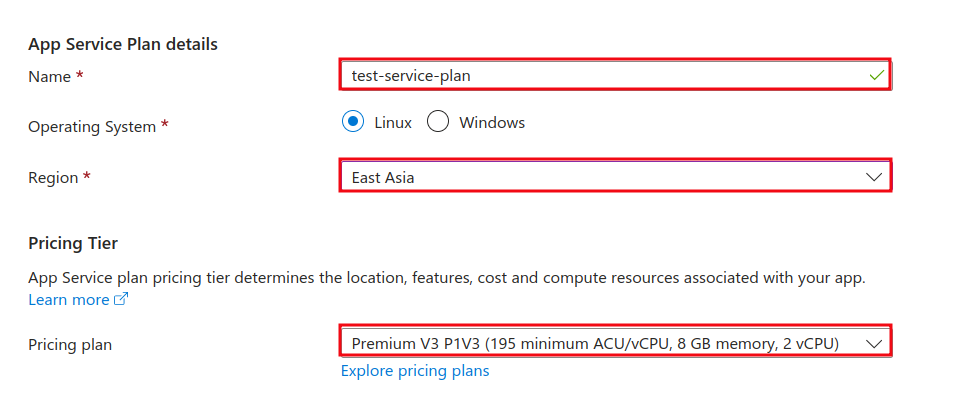 Configured the Name, Region, and Pricing Tier for the App Service Plan