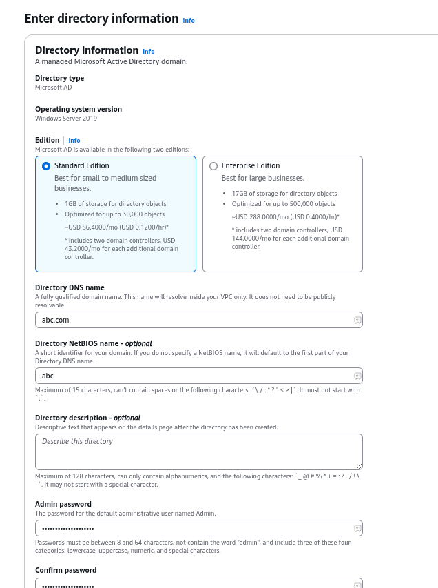 Setting up directory details for AWS Managed AD