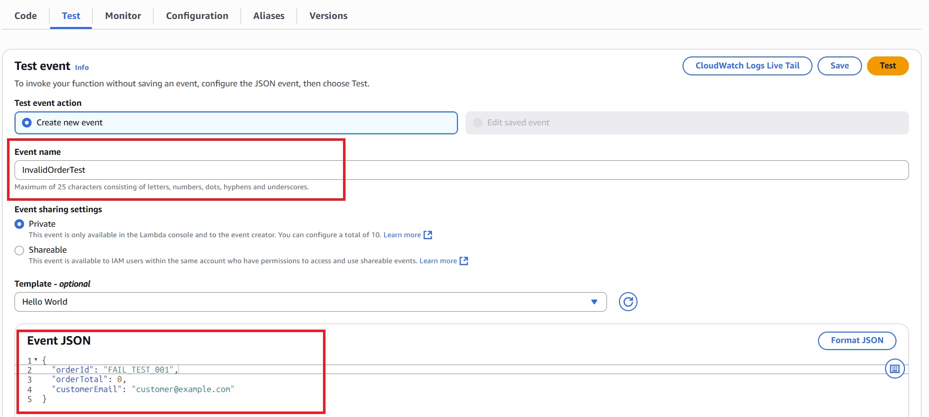 Invoking PlaceOrderLambda with Invalid Order