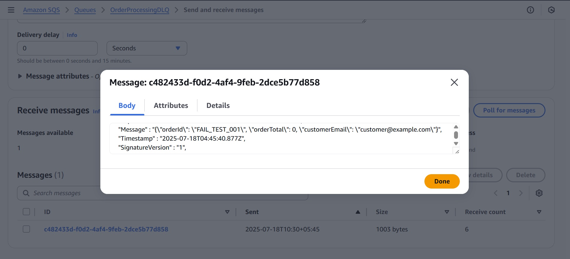 Viewing the Details of the Failed Message in the DLQ