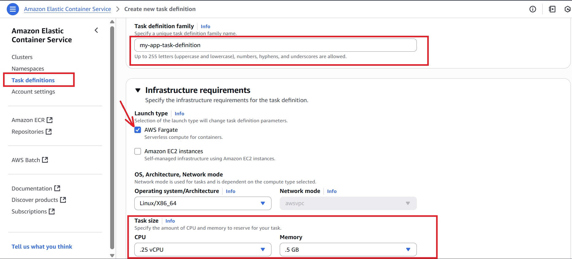 Configuring Task Definition Name, Launch Type, and Resource Settings