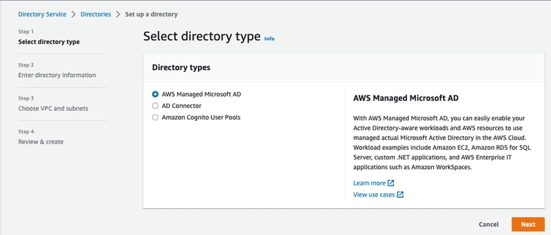 Choosing AWS Managed Microsoft AD setup in the Directory Service Console.