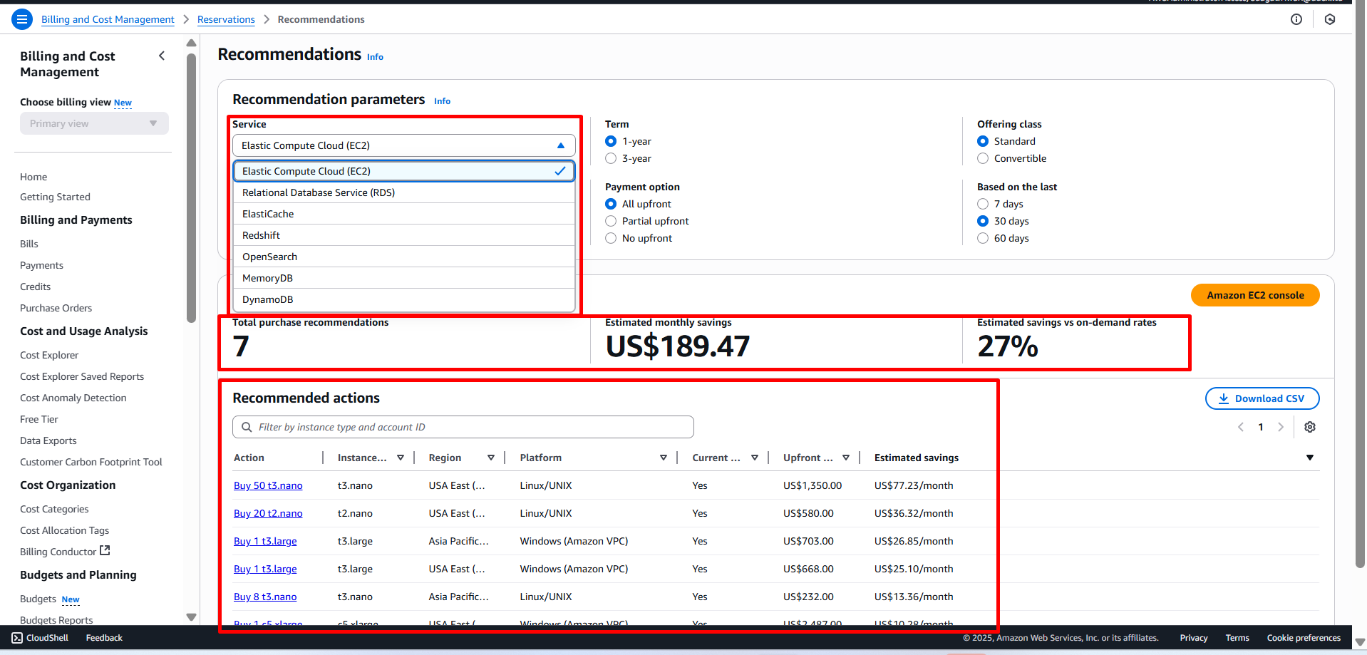 Cost Explorer: Reserved Instance recommendation