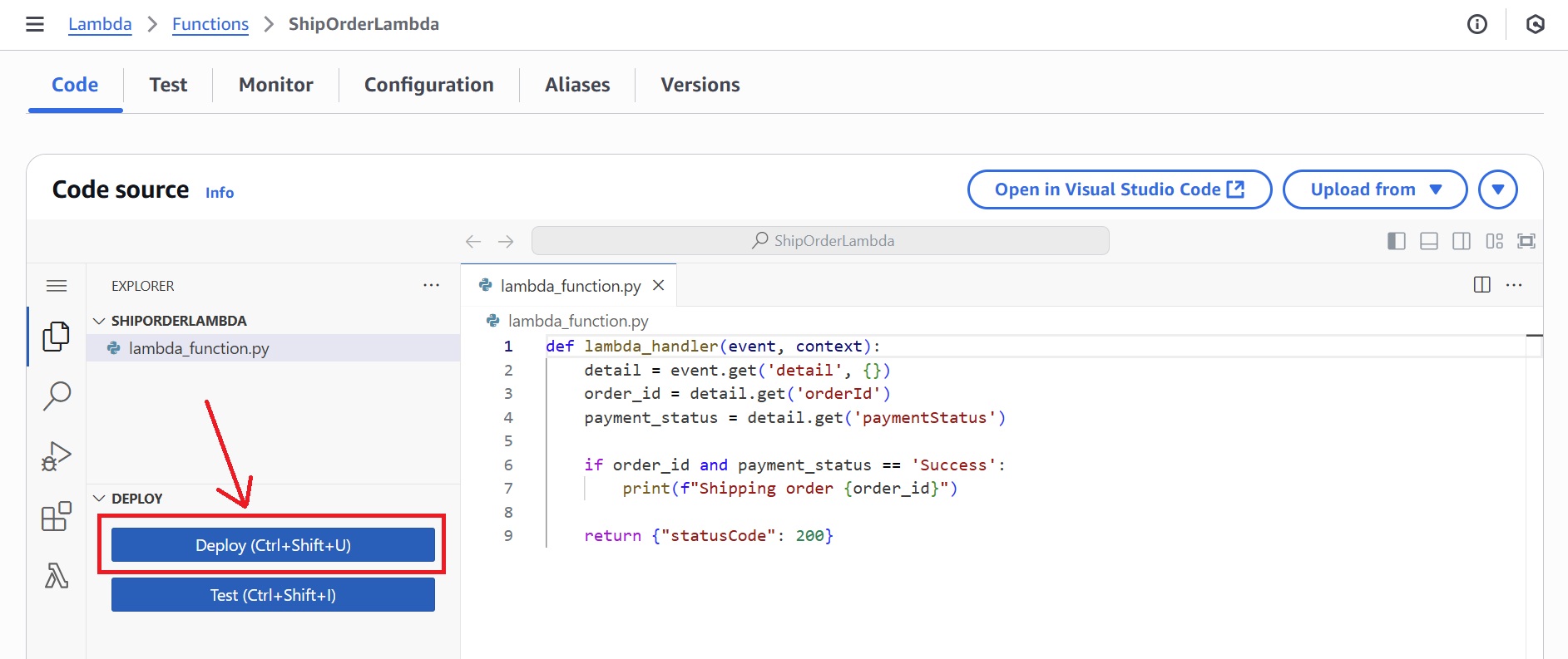 Deploy code changes to Lambda for Shipping Order