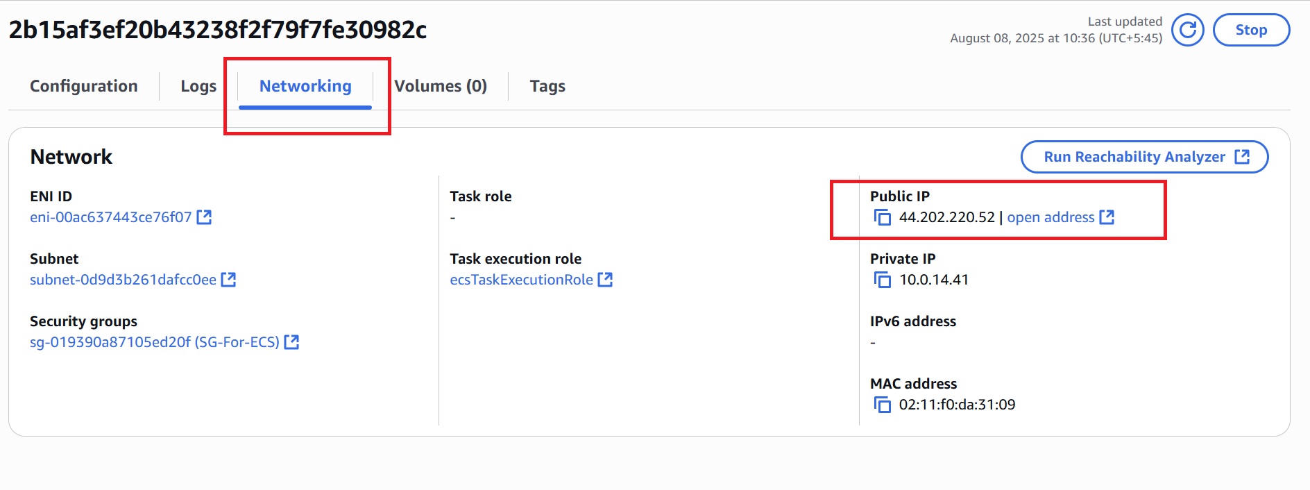Viewing the 'Network' Section Of a Running Task For Public IP