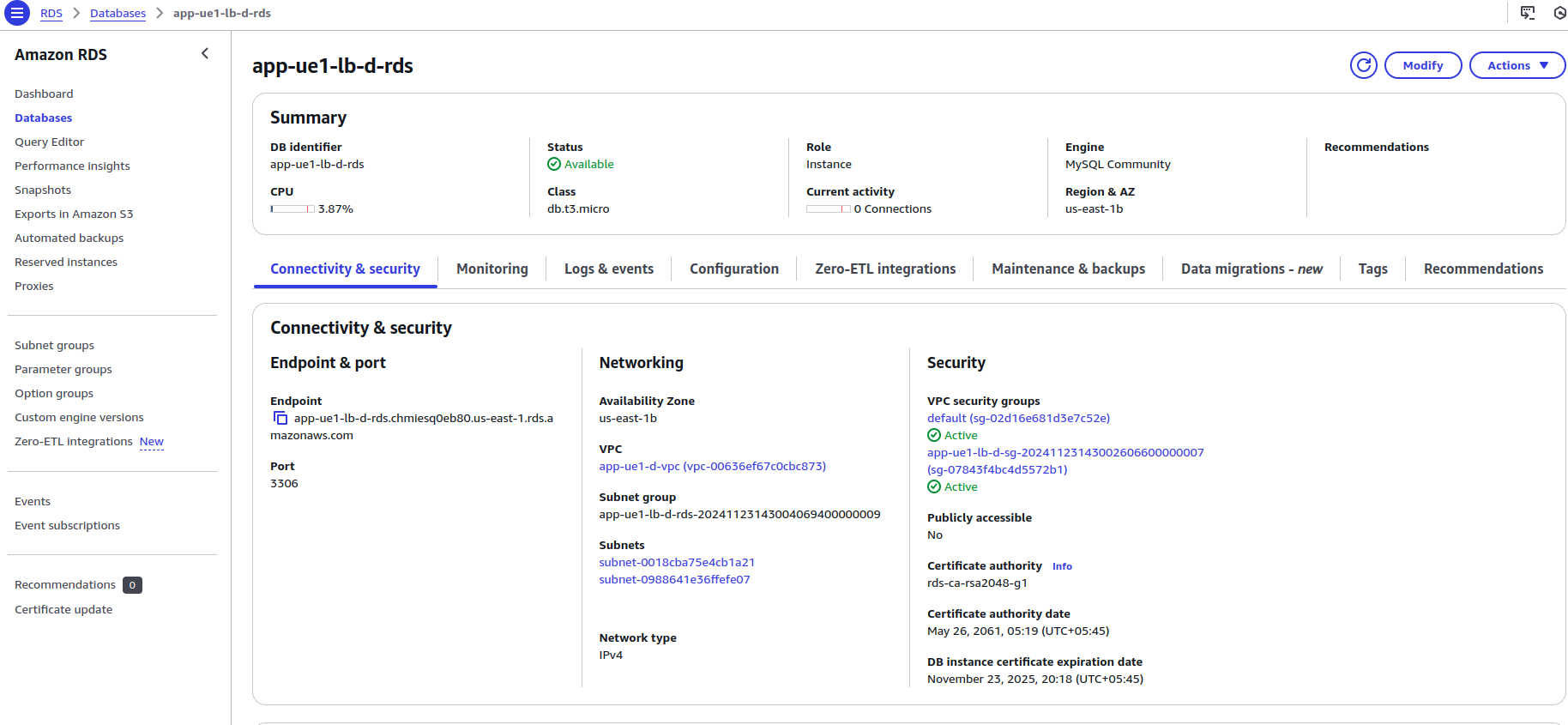 RDS Database instance configured