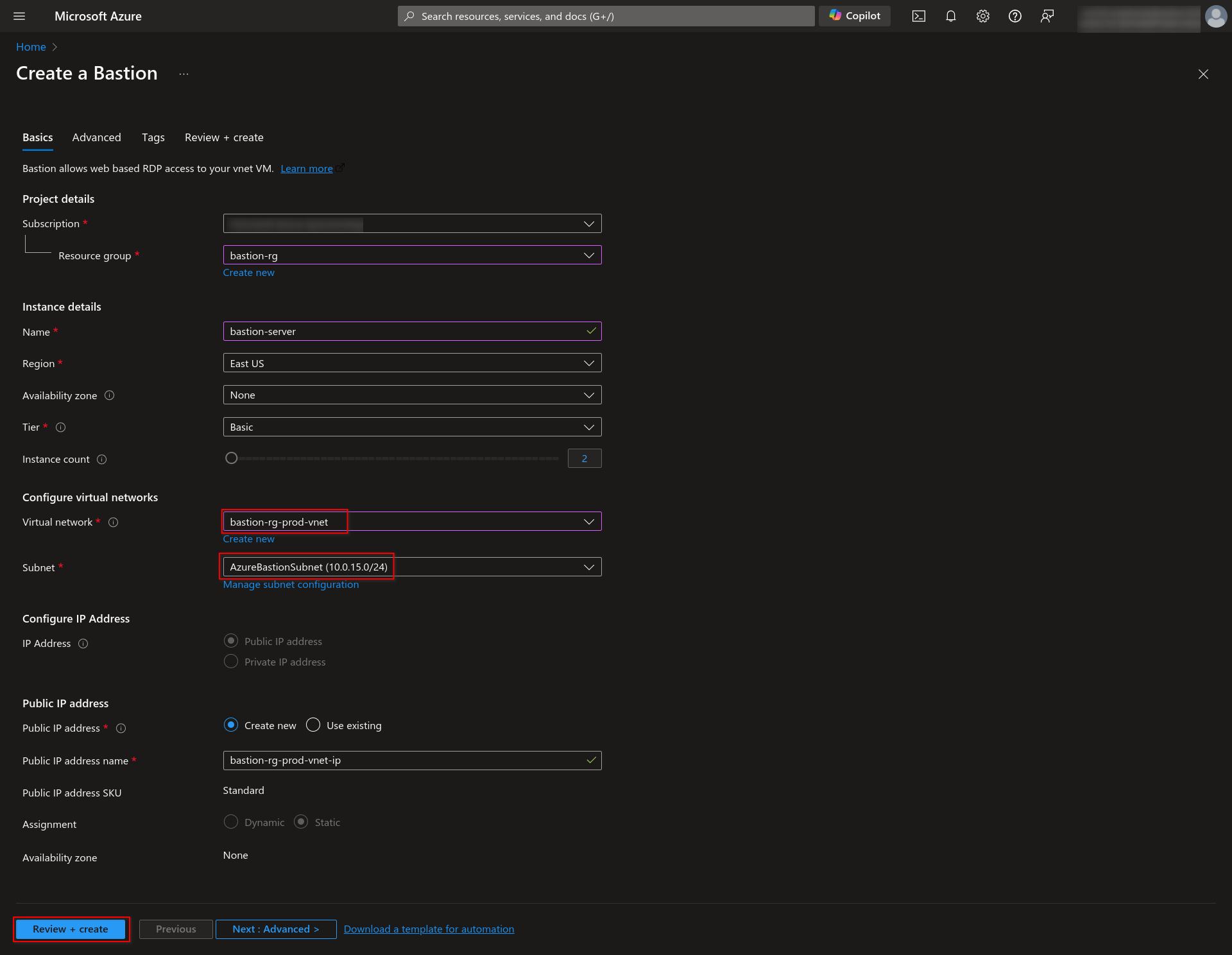 Fill the Virtual network and subnet details, leaving others as default