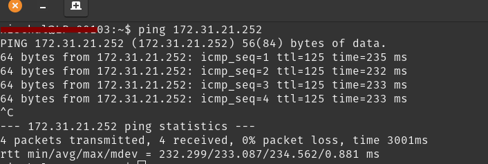 Successful ping from the on-premises network to the EC2 in a private subnet