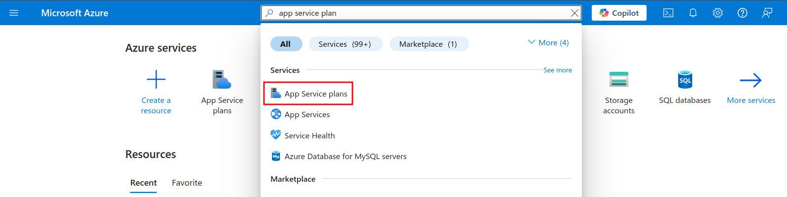 Search for App Service Plan