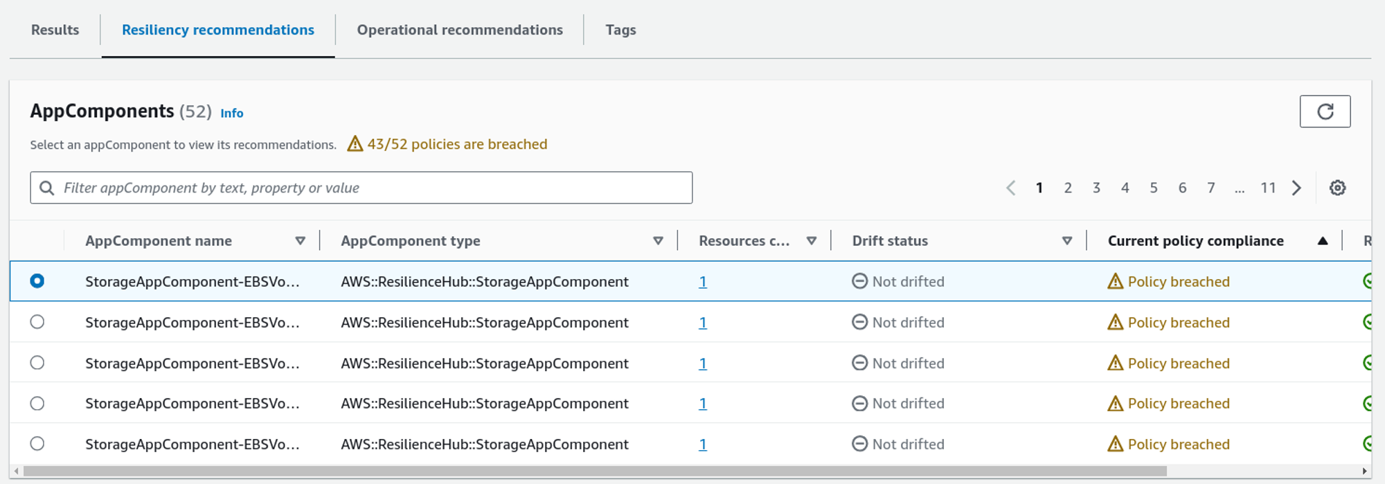 Resiliency recommendation tab