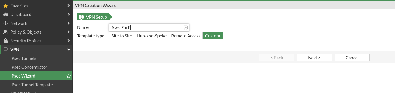 Select Custom and provide a name for the VPN.