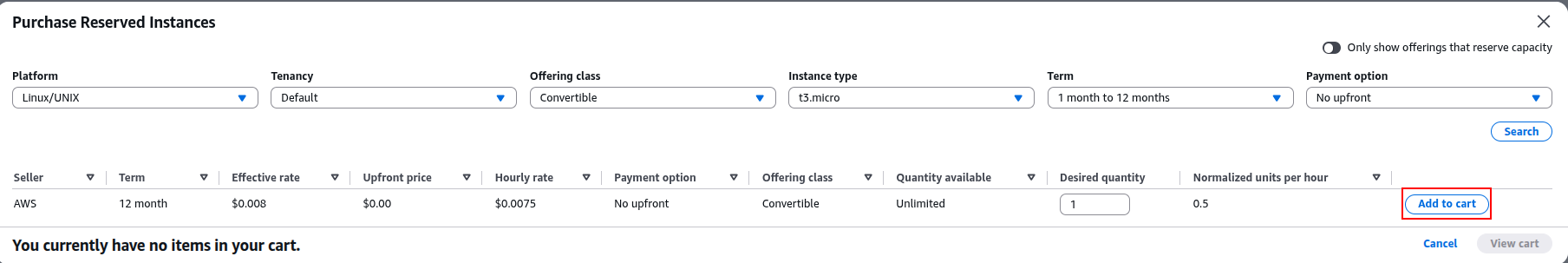 Adding the Reserved Instances to the Cart