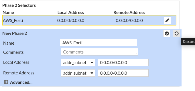Phase 2 configuration for local subnet and remote subnet