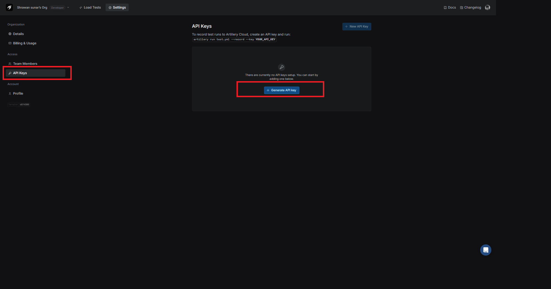 Generate API Key in Artillery Cloud