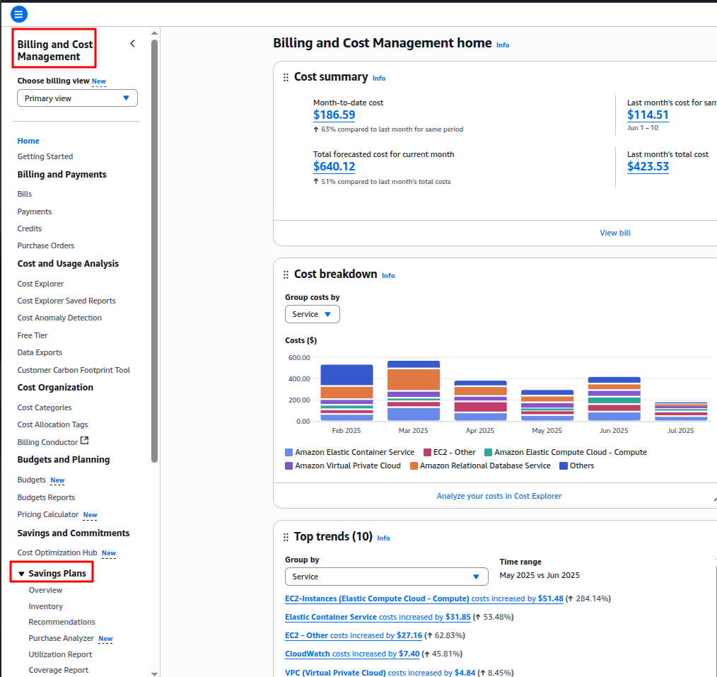 Savings Plans section in Billing Console
