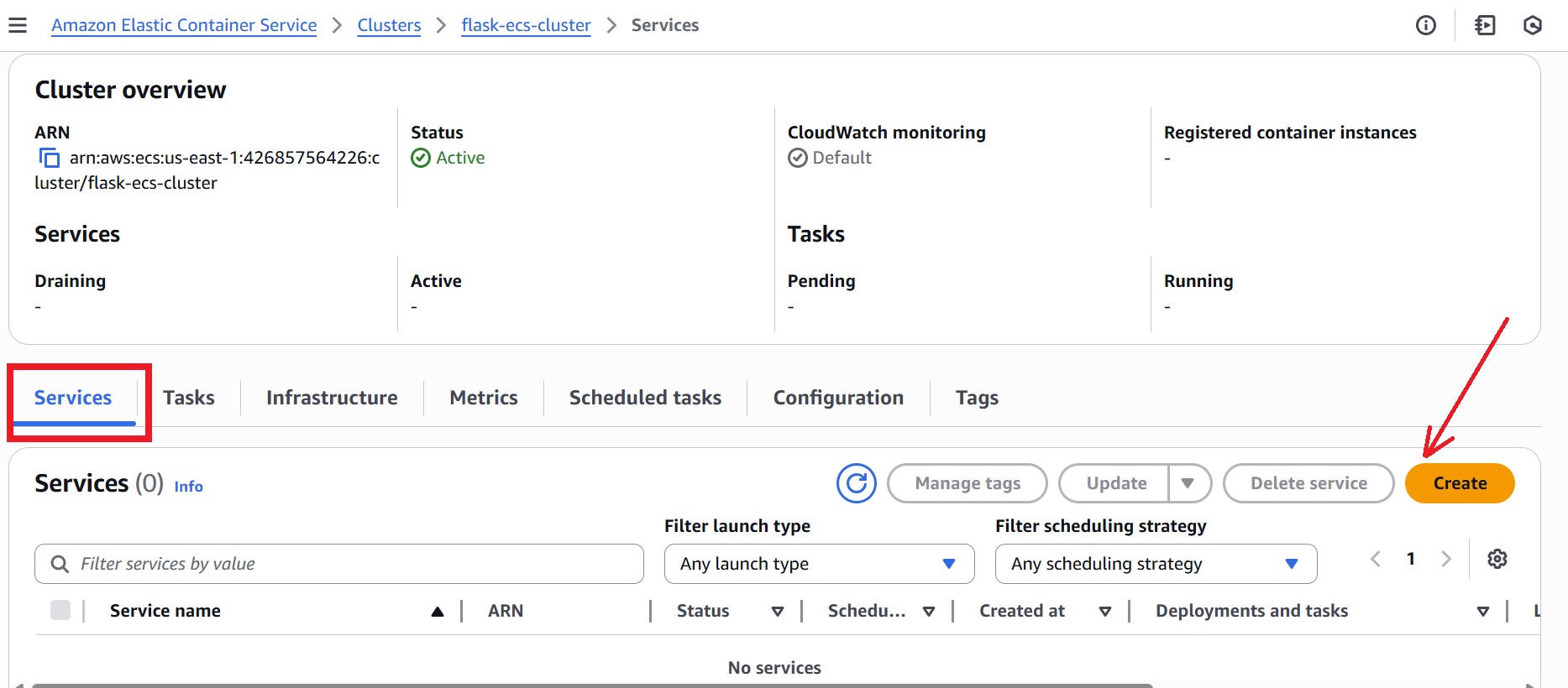 Navigating to the ‘Services’ tab to create an ECS Service