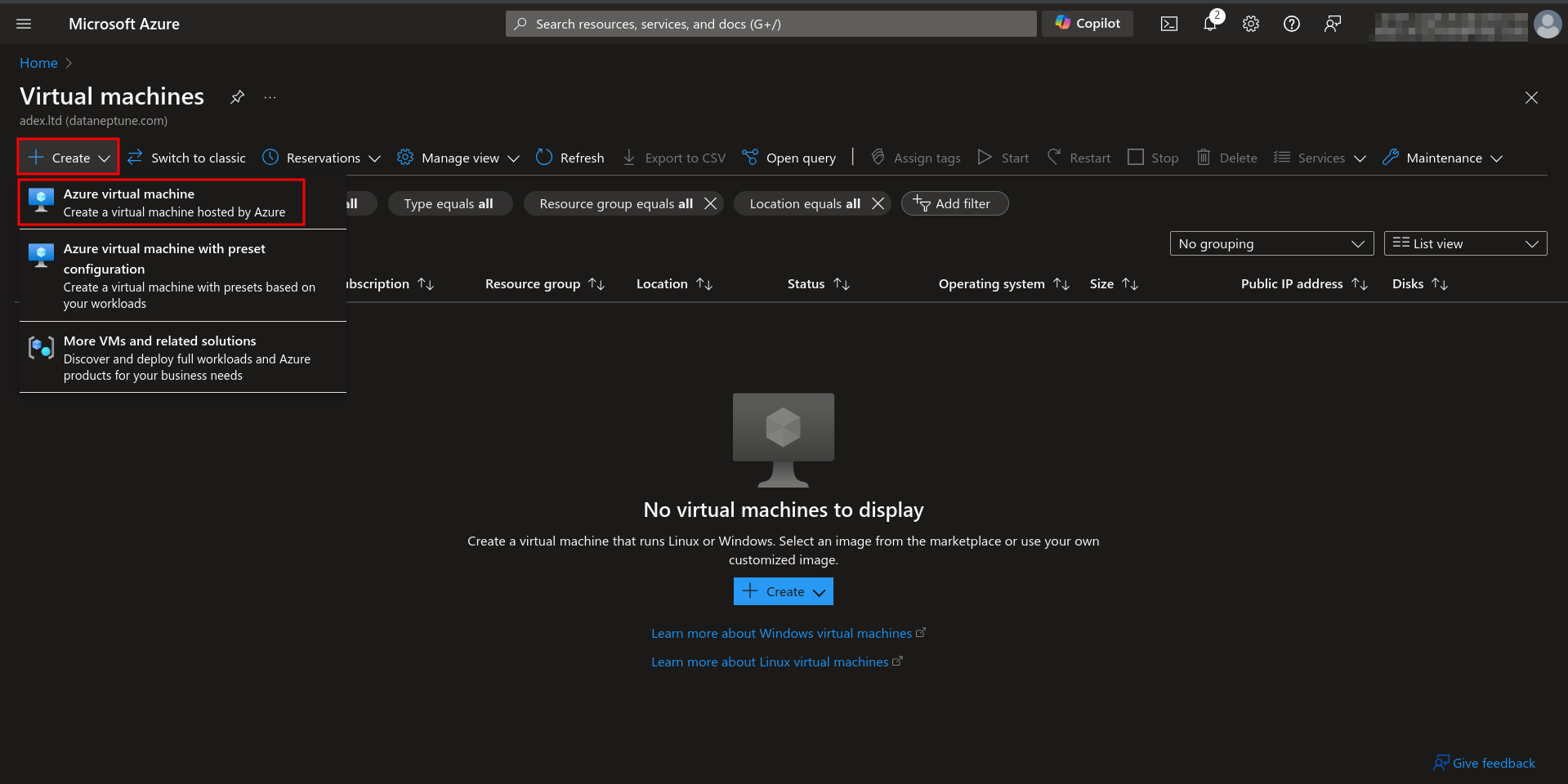 Azure portal for creating VM
