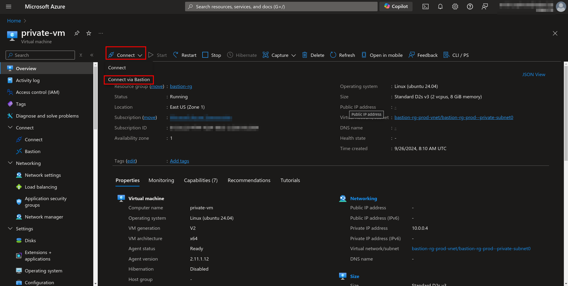 Connect VM to Bastion using the Azure portal