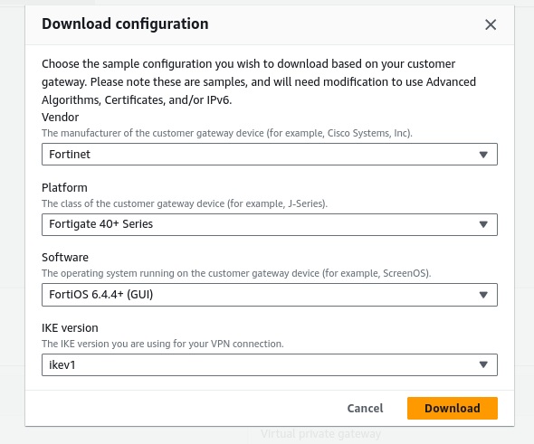 Download the VPN configuration after selecting Fortinet as a vendor