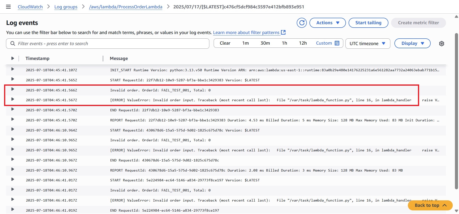 CloudWatch Log Showing Repeated Failure of ProcessOrderLambda Due to Invalid Order