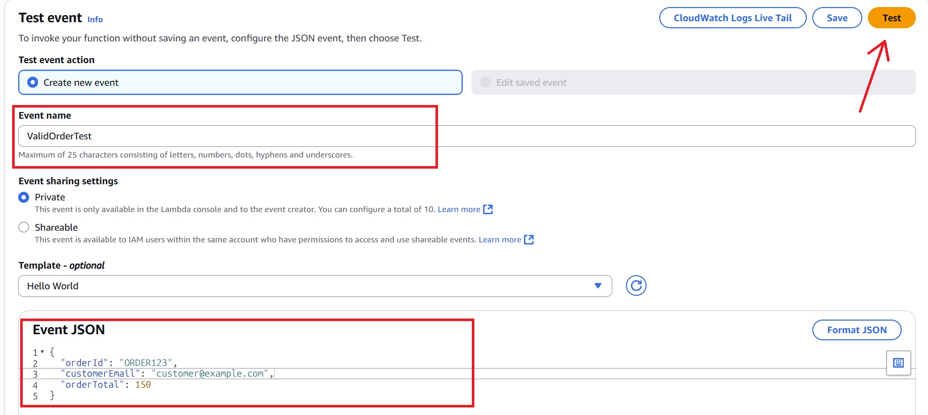Invoking 'PlaceOrderLambda' to Test the Workflow